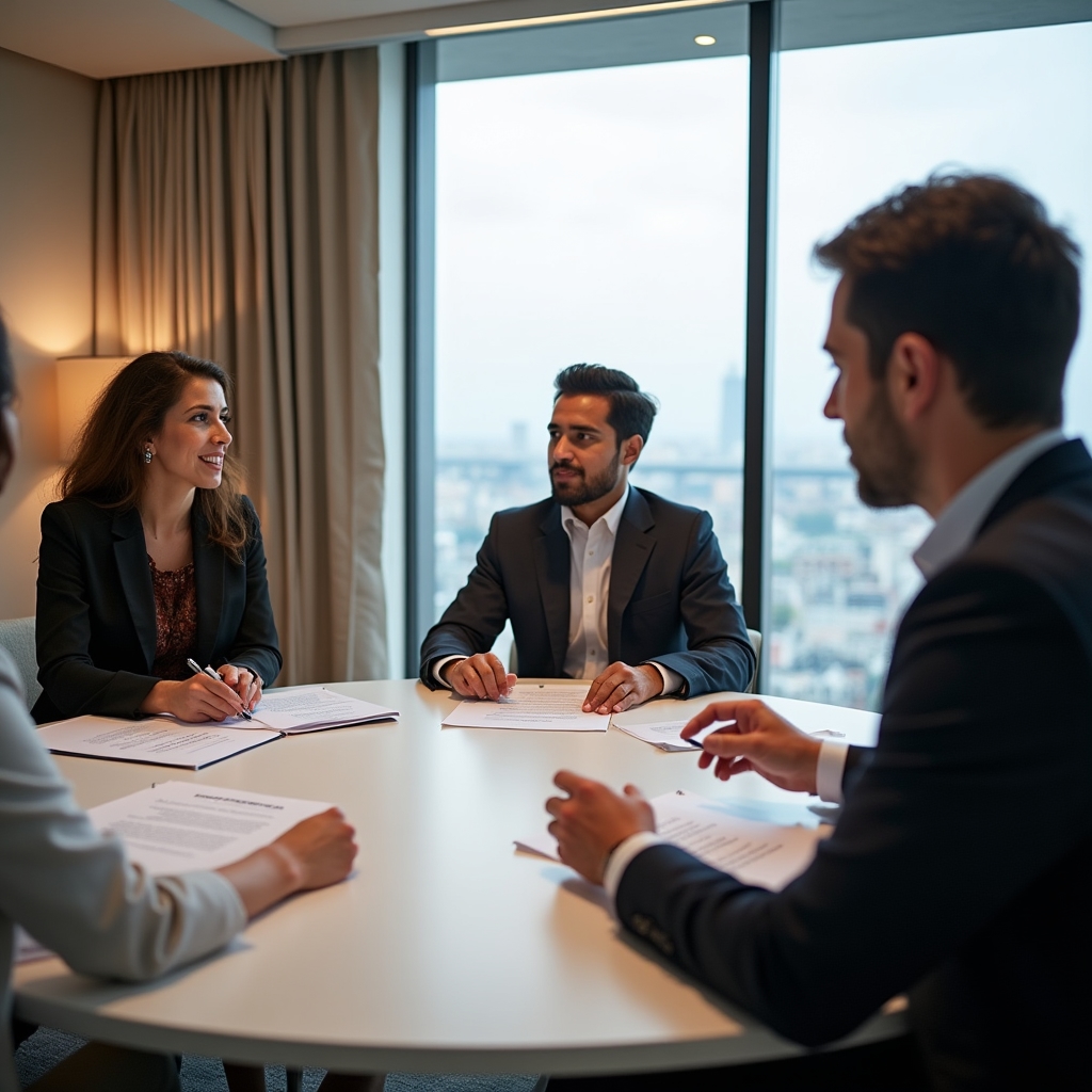 Professional meeting with participants reviewing bilingual documents, international business setting