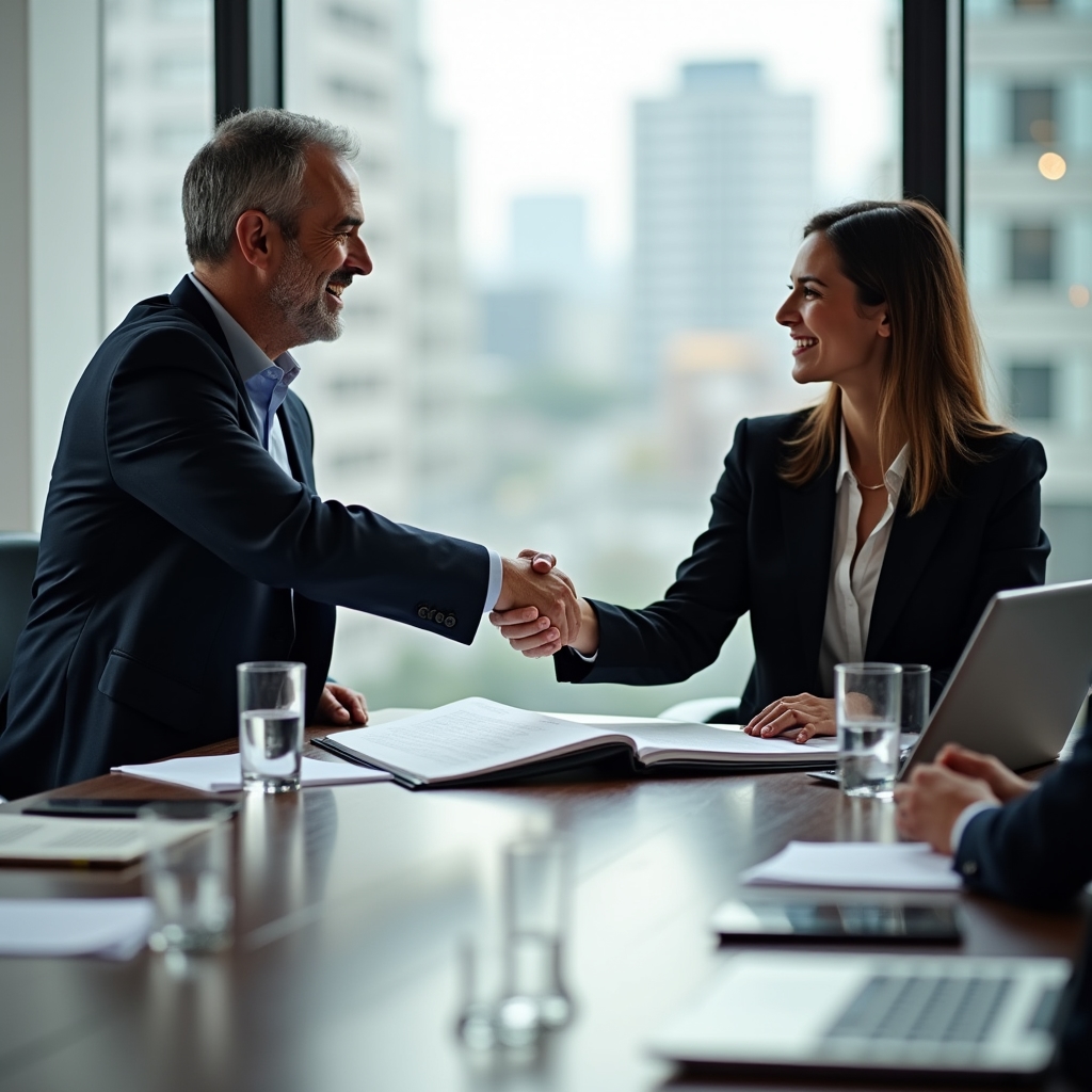 Professional handshake over a completed document package on a conference table, signifying successful project delivery