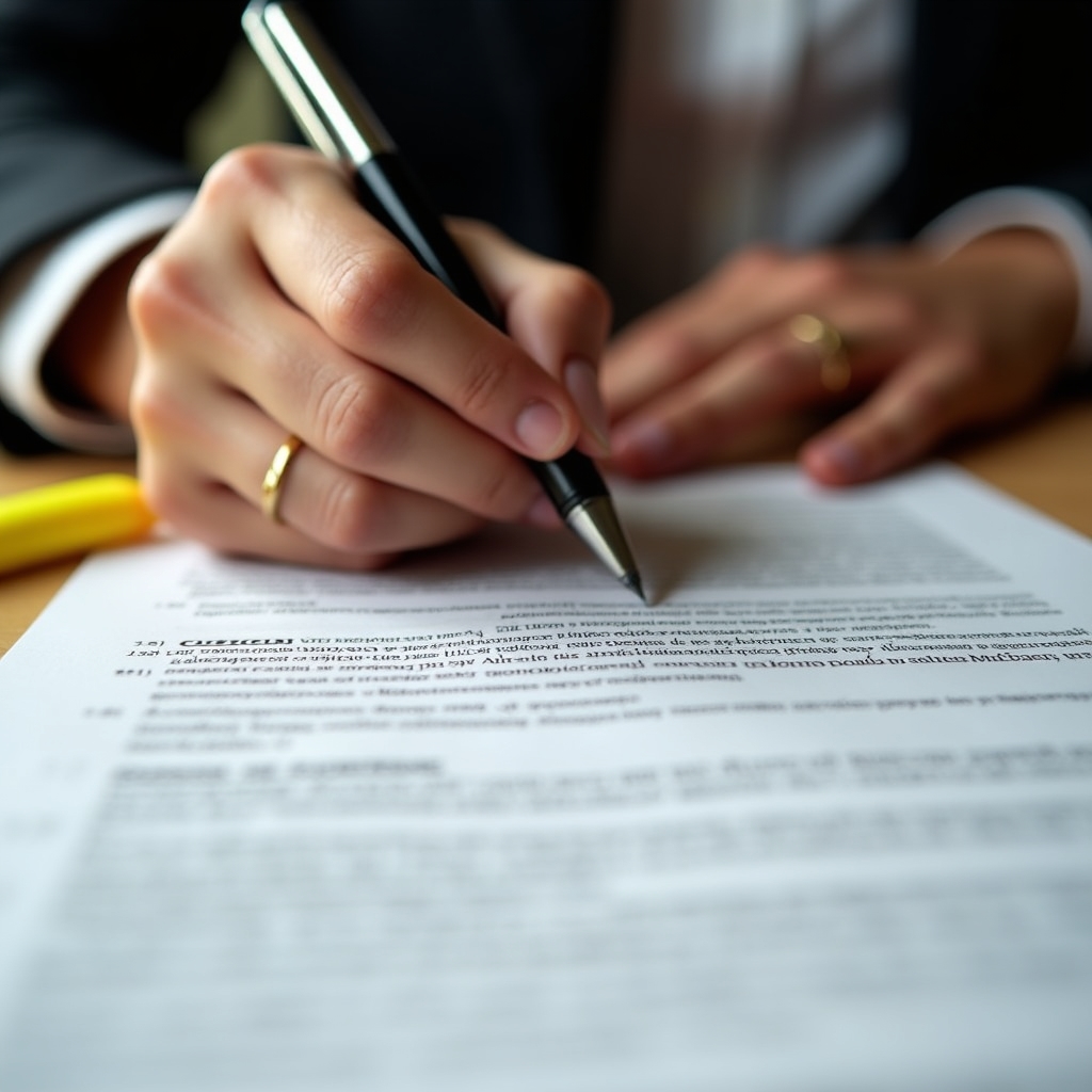 Close-up of hands annotating a contract document with a pen, reviewing technical clauses carefully