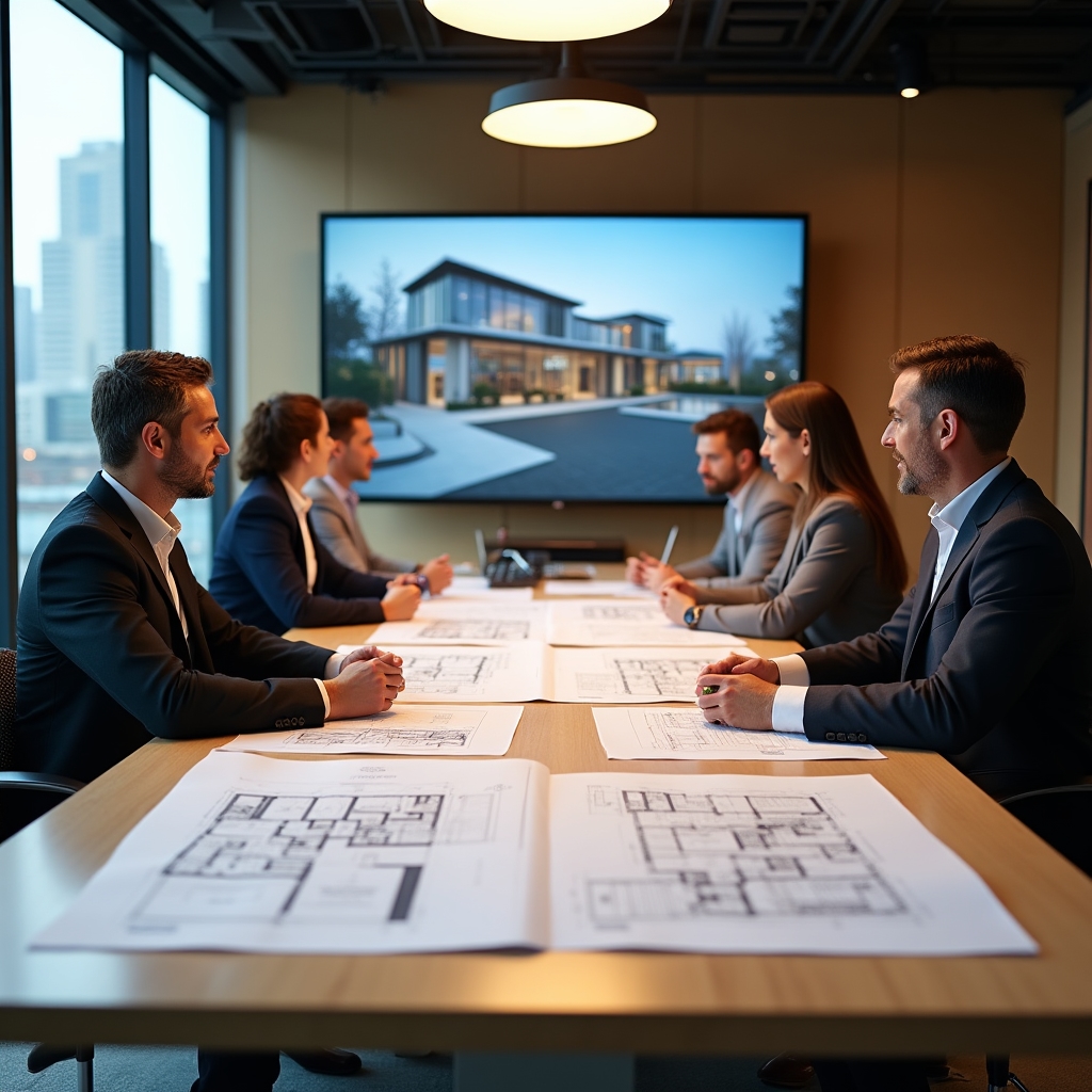 International real estate development team reviewing project plans around a large conference table with multiple language documents