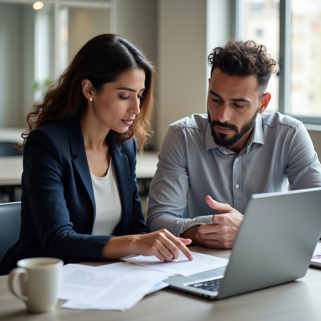 Two professionals reviewing real estate documents together at a meeting table, discussing translation requirements