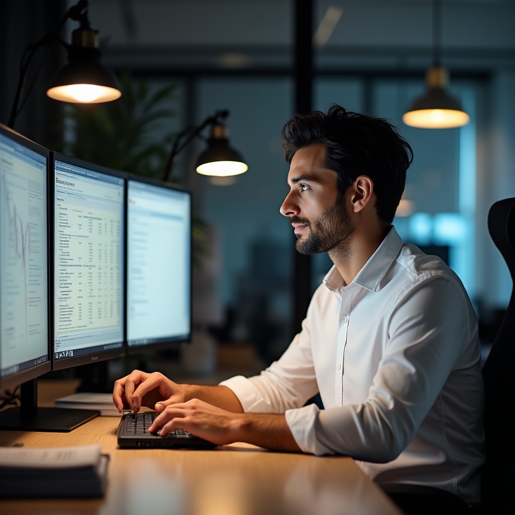 Male financial translator working at a dual-monitor setup, reviewing investment documents