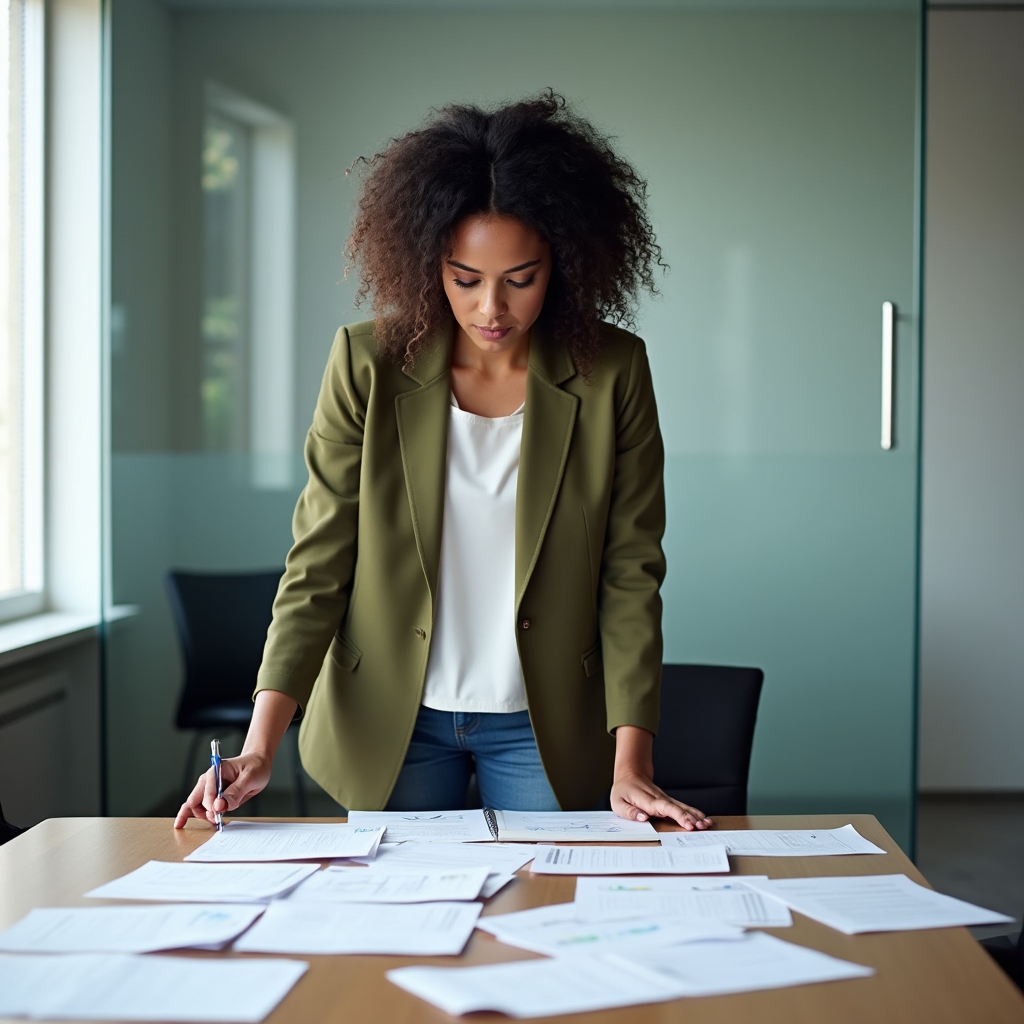 Project coordinator in a meeting room with documents spread on the table, managing a complex translation project