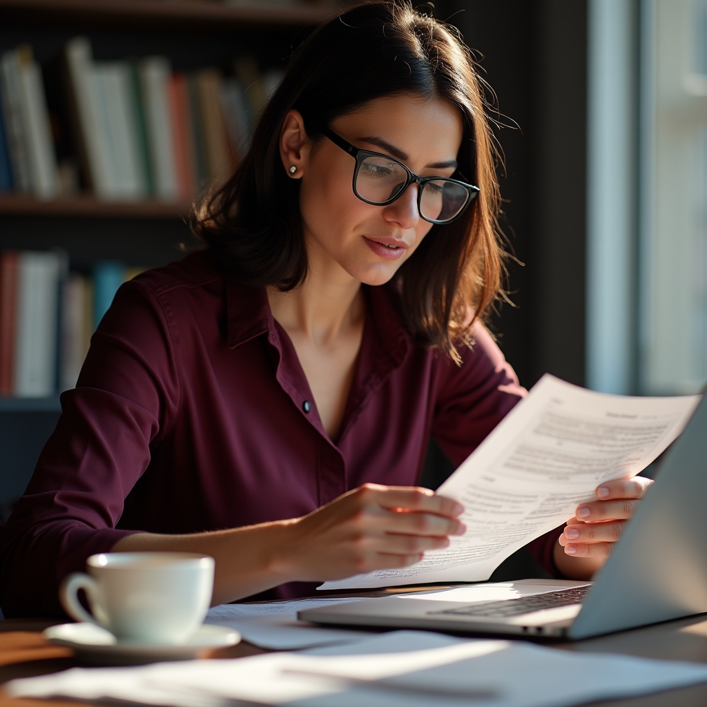 Female translation specialist reviewing documents at her desk, professional and focused