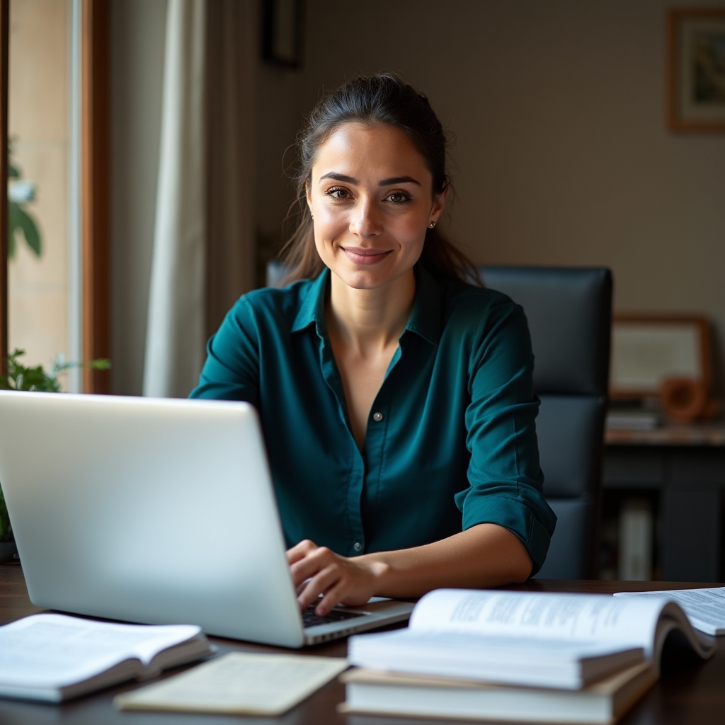 Professional translator working on a laptop with multiple document windows open, surrounded by reference materials